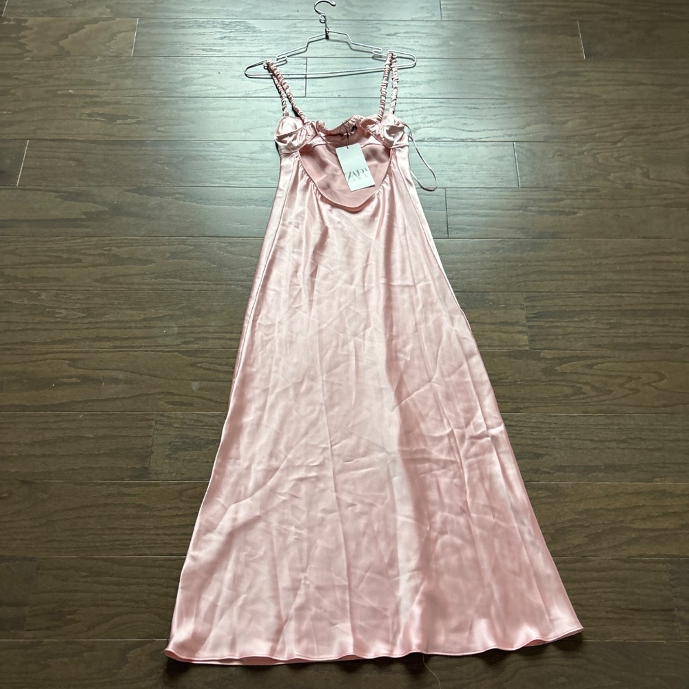 NWT Zara Pink Satin Slip midi Dress - Picture 10 of 11